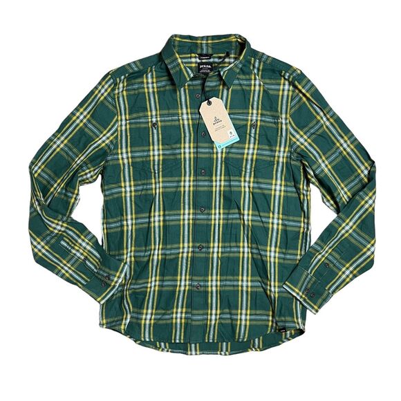 prAna Shirt Mens S ST Green Pine Dolberg Flannel Plaid Organic Cotton Button Up - Picture 1 of 10